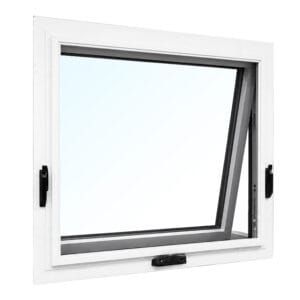 YY WINDOWS 80T energy-efficient aluminum awning window shown open from an angled view