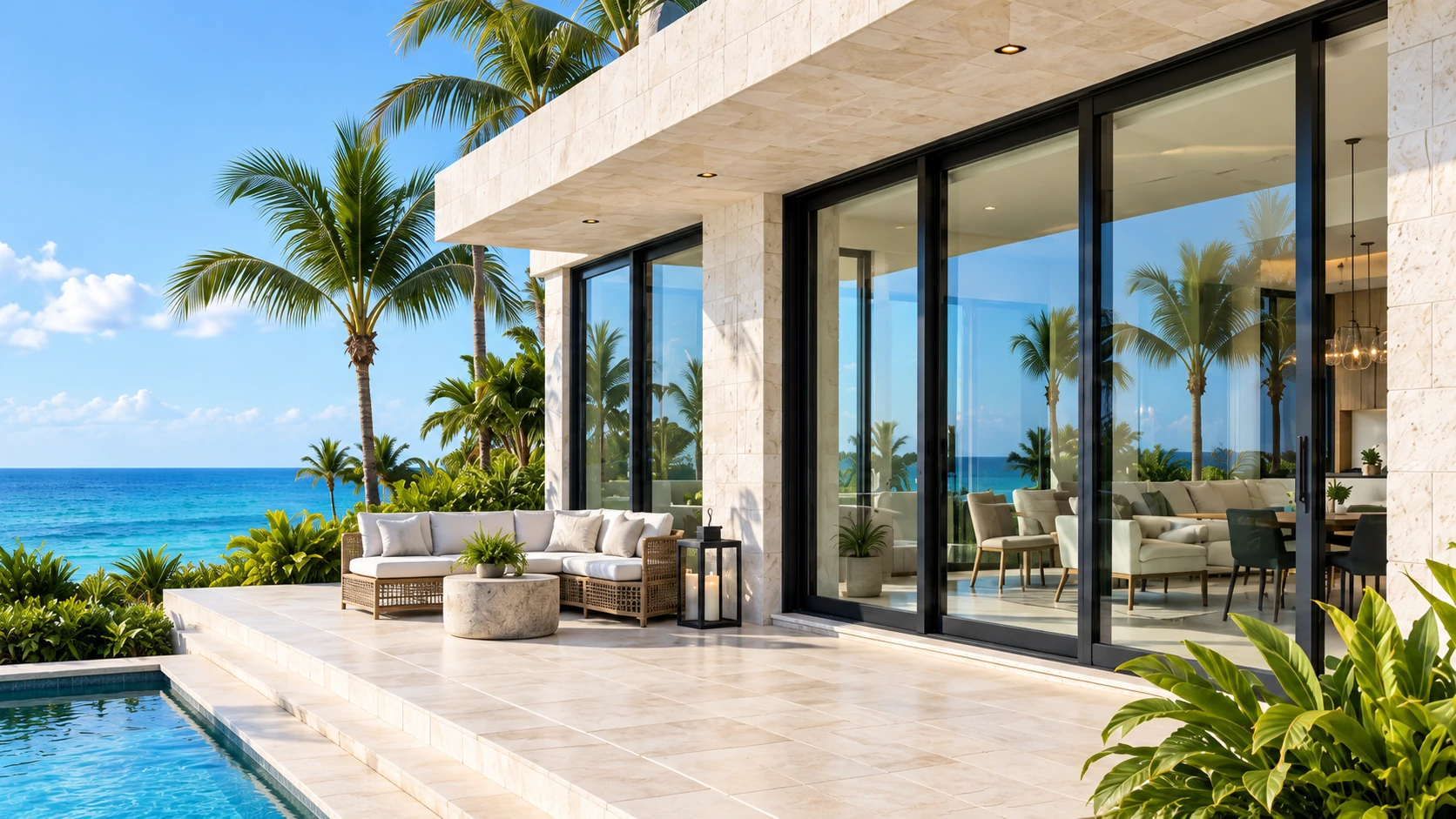 Coastal home with black aluminum glass doors, a stone terrace and ocean views