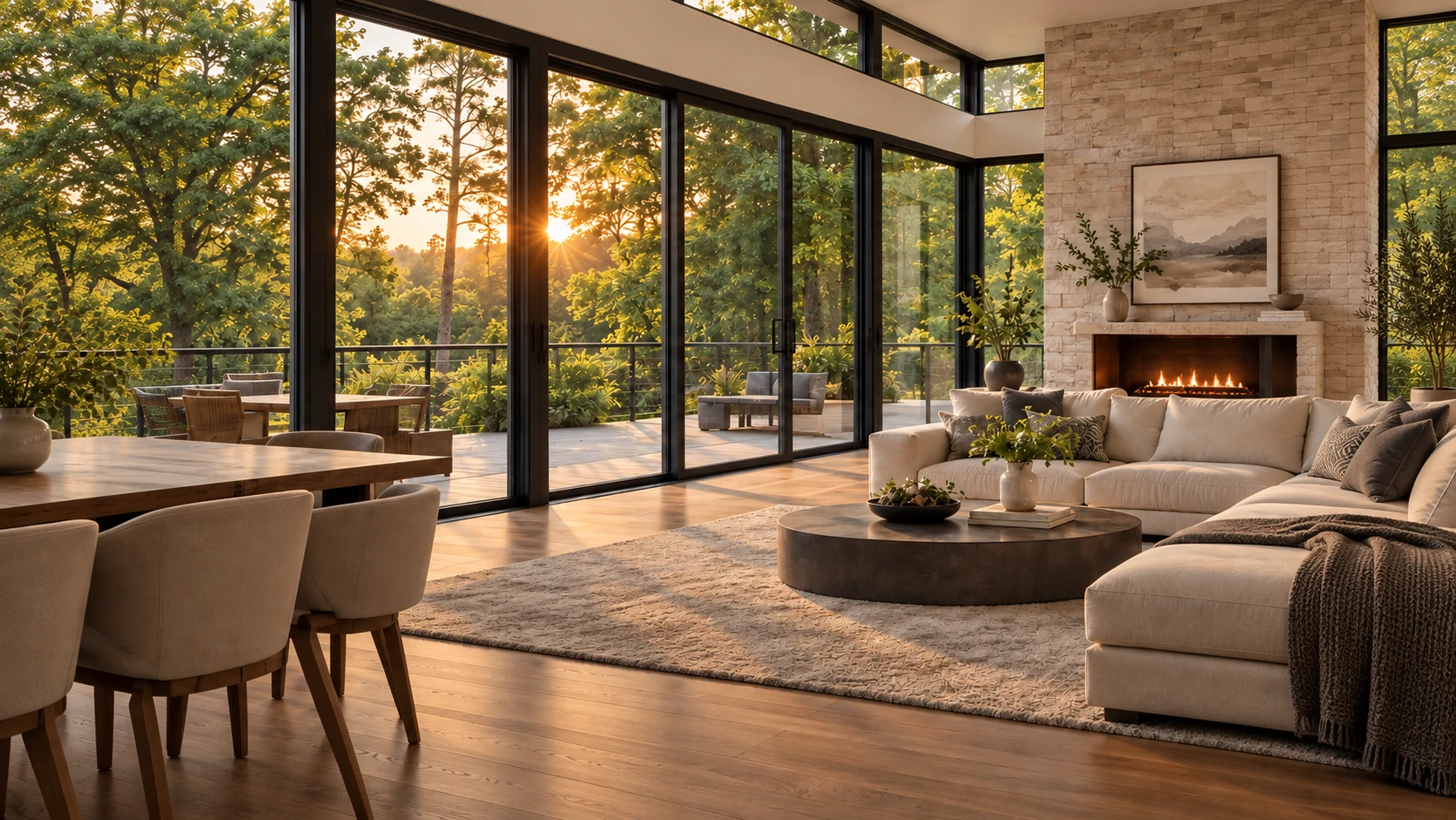 Sunlit living room with black aluminum glass doors opening onto a wooded terrace
