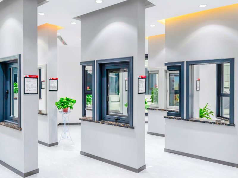 YY WINDOWS aluminum window and door samples displayed in the factory showroom